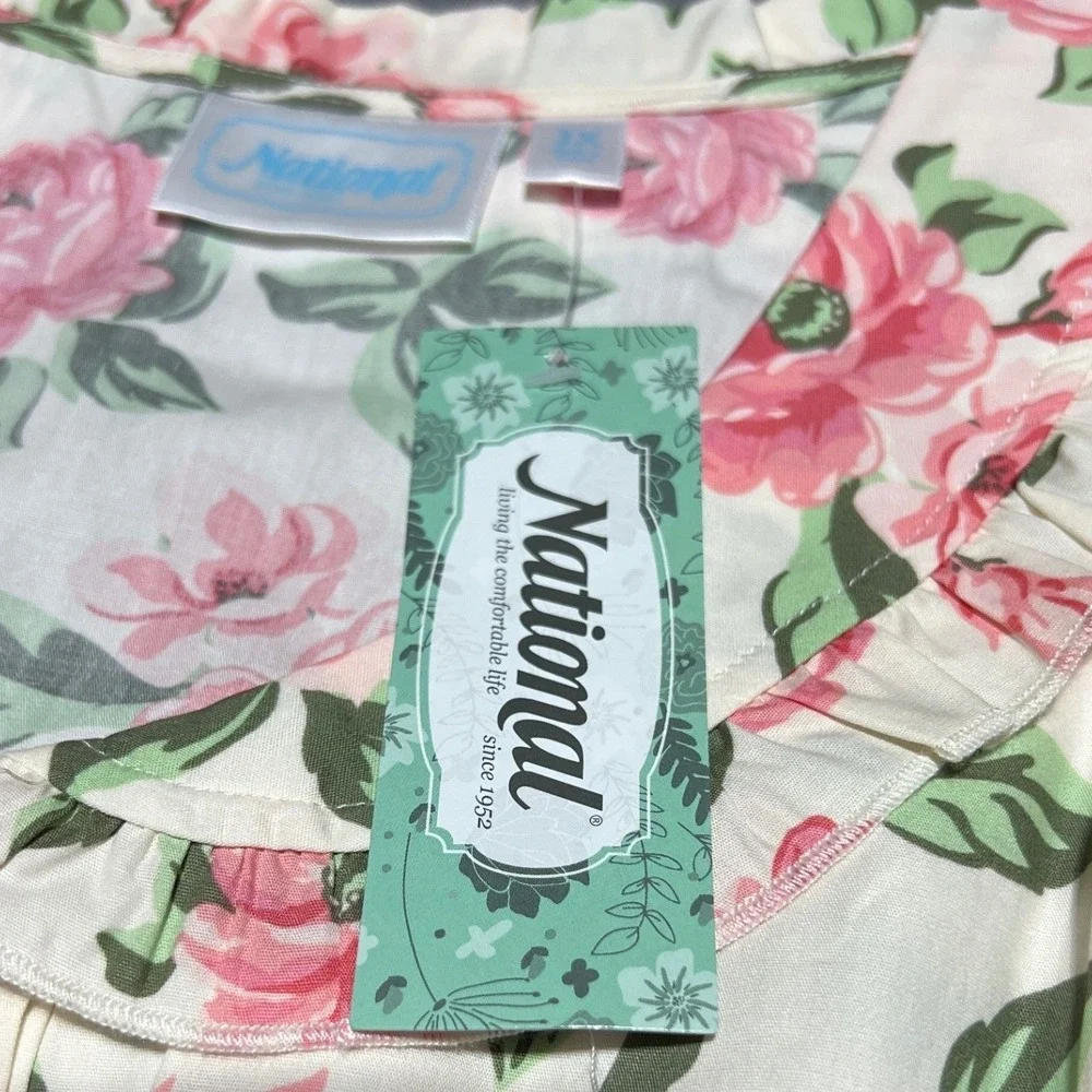 National Floral Snap Front House Dress Duster Lounger Pink Roses Robe Cotton 3X